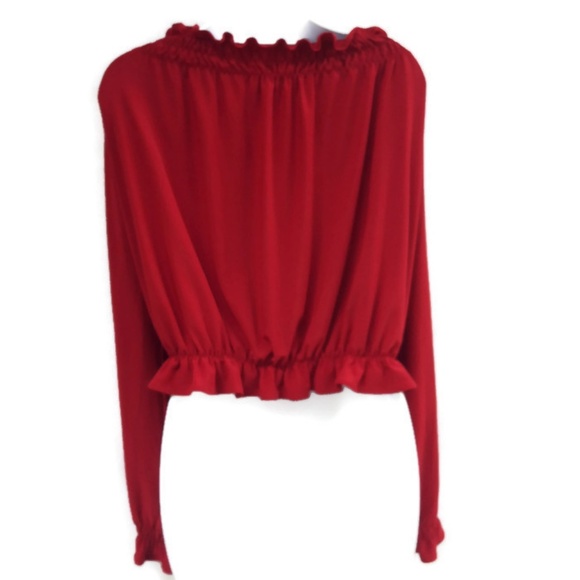 Norma Kamali Timeless Red Blouse Peasant Smocked Off Shoulder Vintage 80s L - Picture 3 of 7